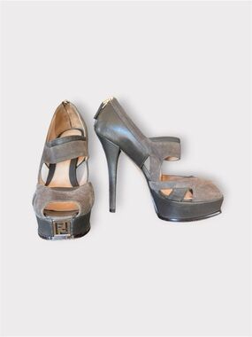 FENDI “Fendista" Cutout Platform Pump. Olive Green Leather and Suede.  5” Heel